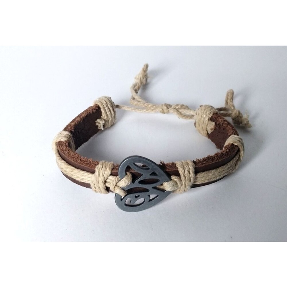 Boho Leather & Hemp Cord Adjustable Bracelet with Metal Heart Charm – Unisex